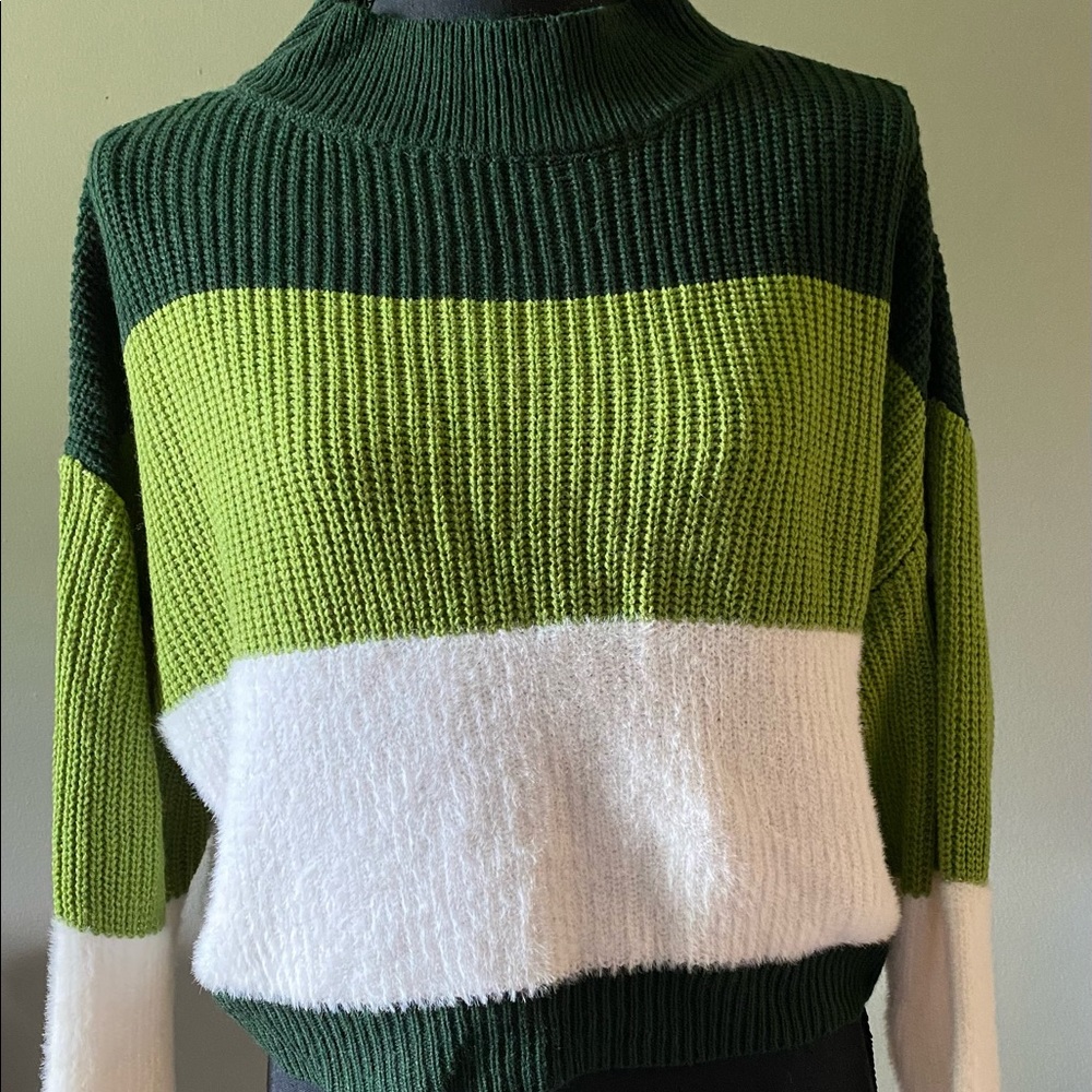 Multi color green & white sweater. High neck. Never worn. SIZE MEDIUM